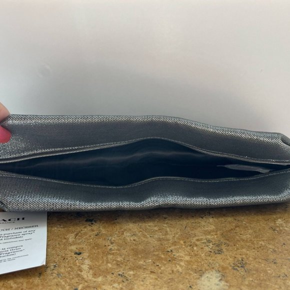 Coach Toiletry Pouch, Makeup & Cosmetic Bag, Silver Shimmering Large Zipper NWT - Picture 3 of 16